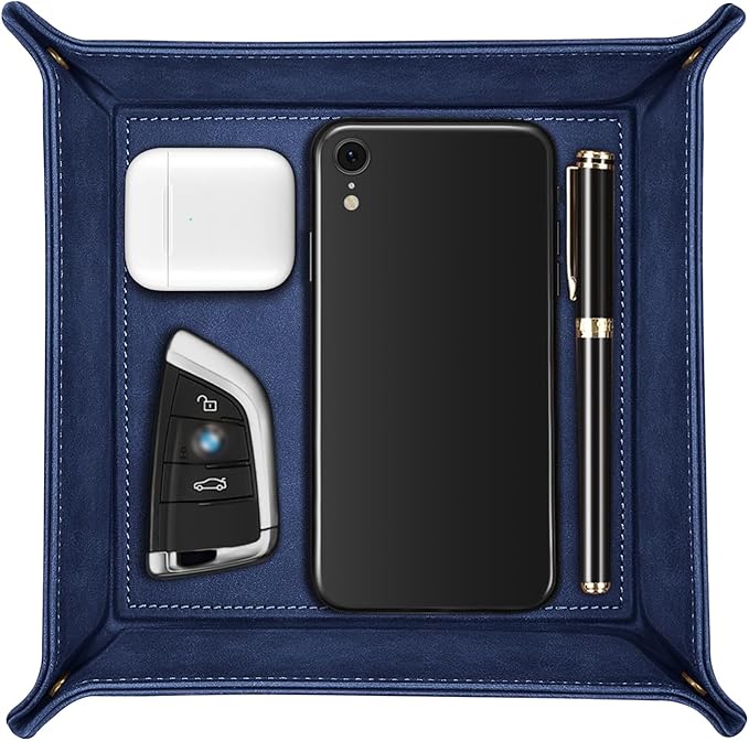 SITHON Valet Tray Desktop Storage Organizer Ã¢ÂÂ Premium PU Leather Catchall Bedside Vanity Tray Nightstand Caddy Holder for Keys, Phone, Wallet, Valentine's Day Gift, Dark Blue