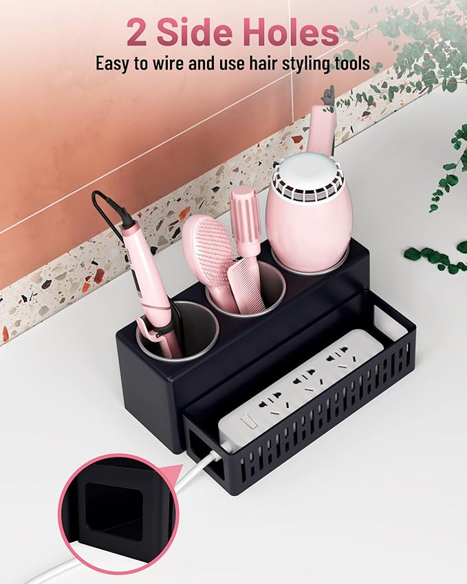 Hair Tool Organizer, Detachable Hair Dryer Holder with 3 Stainless Steel Cups, Wall Mounted Bathroom Organizers and Storage for Accessories, Curling Irons, Straighteners, Toiletries, Makeup