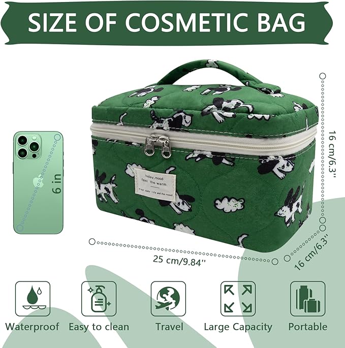 Large Makeup Bag, Cute Cosmetic Bag for Women Girls, Floral Coquette Aesthetic Toiletry Bag, Travel Make Up Organizer Bag (Green Dog Print