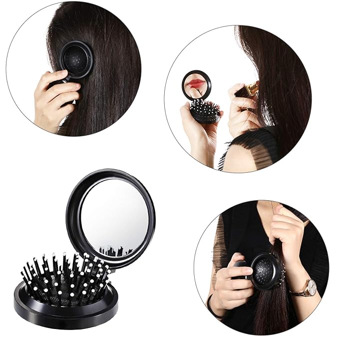Boao 2 Pack Foldable Travel Mirror Hair Brushes Round Portable Folding Pocket Hair Brush Mini Comb Compact Travel Size Massage Comb for Men Women(Black,Round)