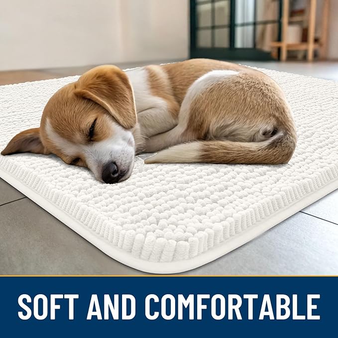 Smiry Dog Door Mat for Muddy Paws 30x20, Absorbs Moisture and Dirt Doormat, Non-Slip Washable Quick Dry Chenille Front Door Mat Indoor Entrance, Entryway Carpet for Inside Floor, Ivory