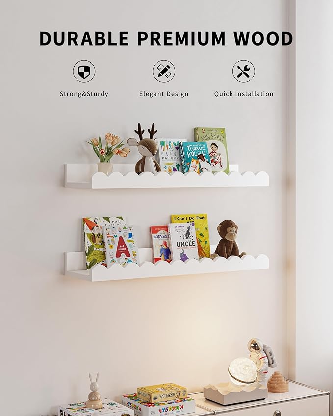 Shario Nursery Book Shelves, 8-Pack White Floating Shelves for Wall Kids, Scalloped Shelves, Wall Book Shelves for Bedroom Kids, Toddler Room, Baby Room, Nursery Decor