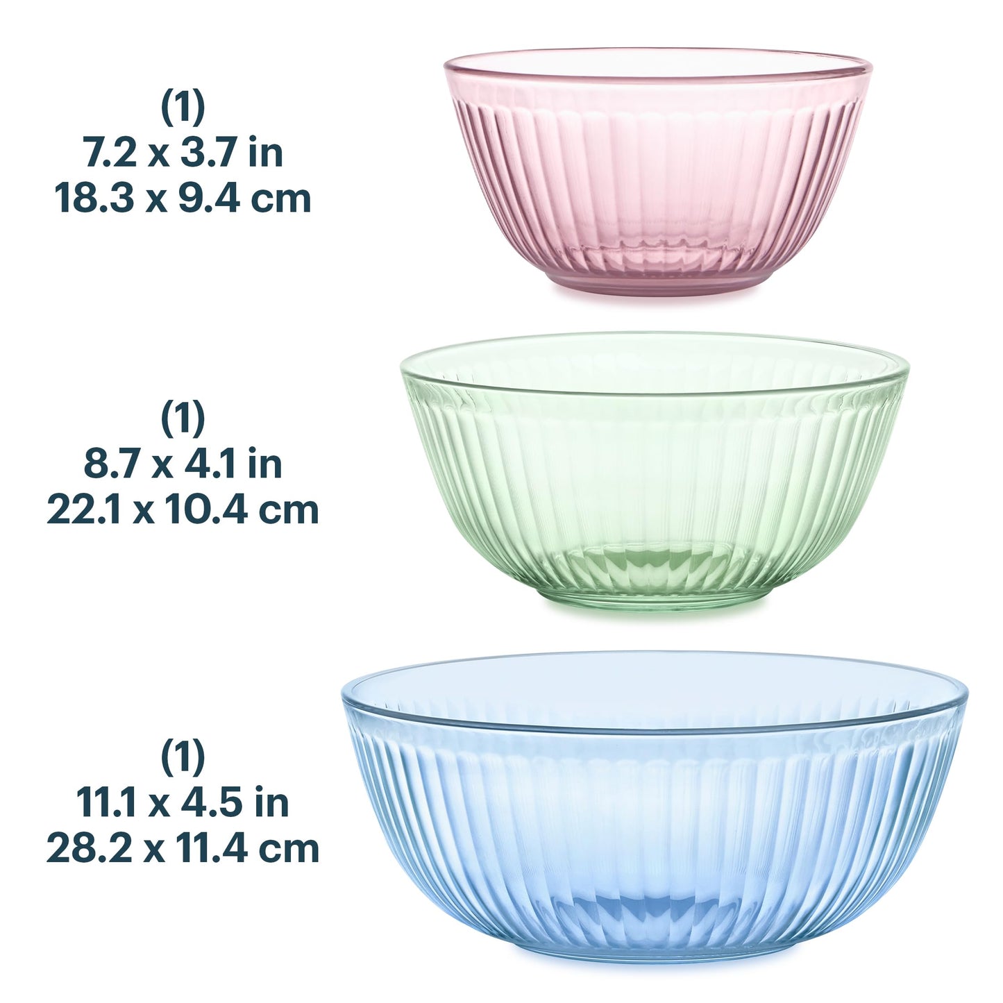 Pyrex Colors Tinted (3-Pack) Sculpted Tinted Unlidded Small/Medium/Large Glass Mixing Bowls, Nesting Space Saving Set of Bowls For Prepping and Baking, 1.3QT, 2.3QT & 4.5QT