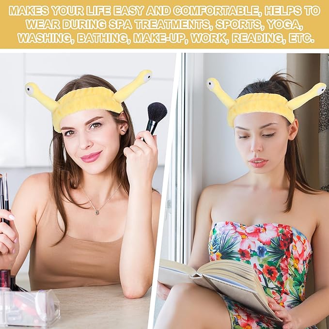 Face Wash Headband, Palm and Snail Spa Hair Bands Makeup Headbands Women Cartoon Cute Coral Fleece Elastic Headband Creative Hair Accessories for Washing Face Shower Sports (Yellow)