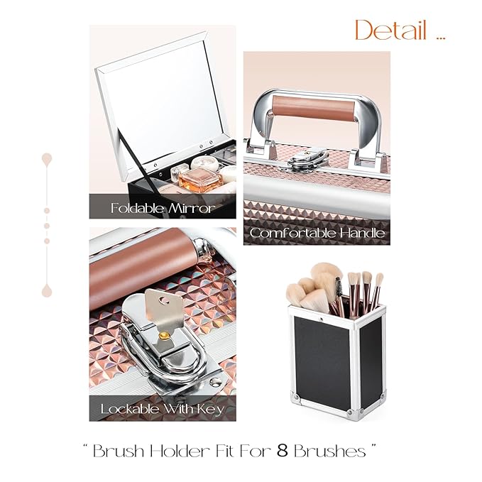 Joligrace Dazzle Gold Makeup Train Case, 3-Tier Makeup Box Organizer and Portable Makeup Organizer Box, Hard Makeup Case with Mirror and Lock, Professional Makeup Case for Women