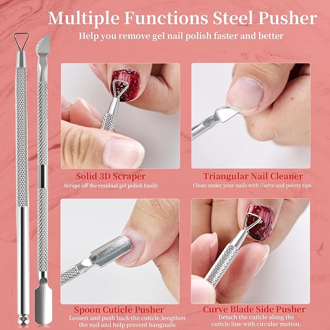 JODSONE Professional Gel Nail Polish Remover Kit:3Pcs Quick 15ML Gel Nail Polish Remover,2 Sanding Strips and Steel Pushers,Complete with Professional and Highly Efficient Tools,Safe Remove at Home