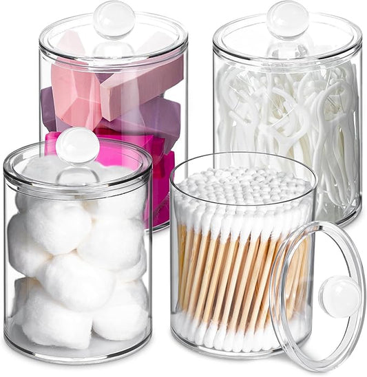 XIPENGKEJI 4 Pack Qtip Holder,Canister Apothecary Jar Set, Bathroom Jars with Lids Set for Cotton Swabs, Balls, Pads, Floss Picks,10oz-12oz Plastic Canisters Restroom Bedroom Vanity Organizer
