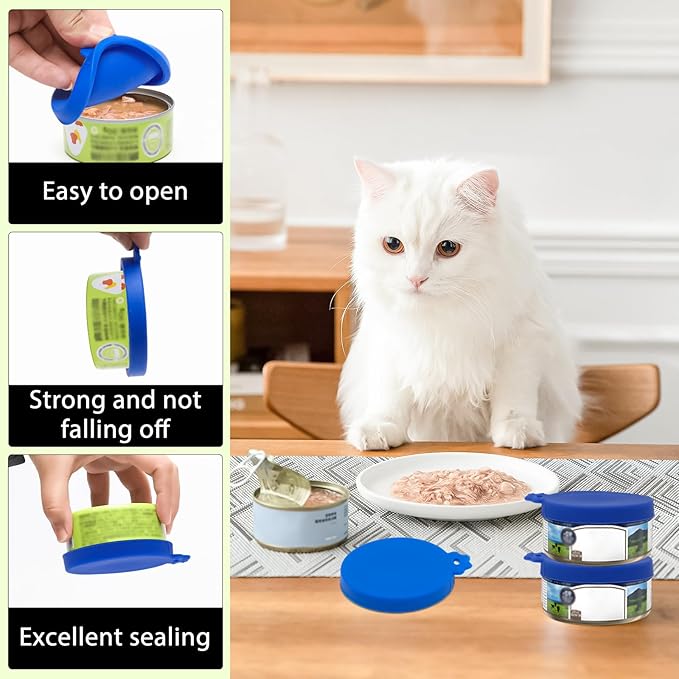 PINE & LINEN 4 Pcs 2.5inch Durable Pet Can Lids, Silicone Small Pet Can Covers Waterproof Cat Food Cans Lids for 3 oz Cat Food Cans（Blue）