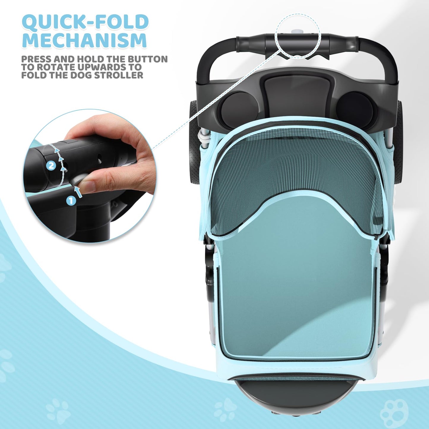 Magshion 3-Wheel Pet Stroller, Foldable Travel Jogger for Small & Medium Dogs & Cats (Up to 33lbs), Lightweight Carrier with Breathable Mesh Cover, Cup Holder & Storage Basket, Mint Green
