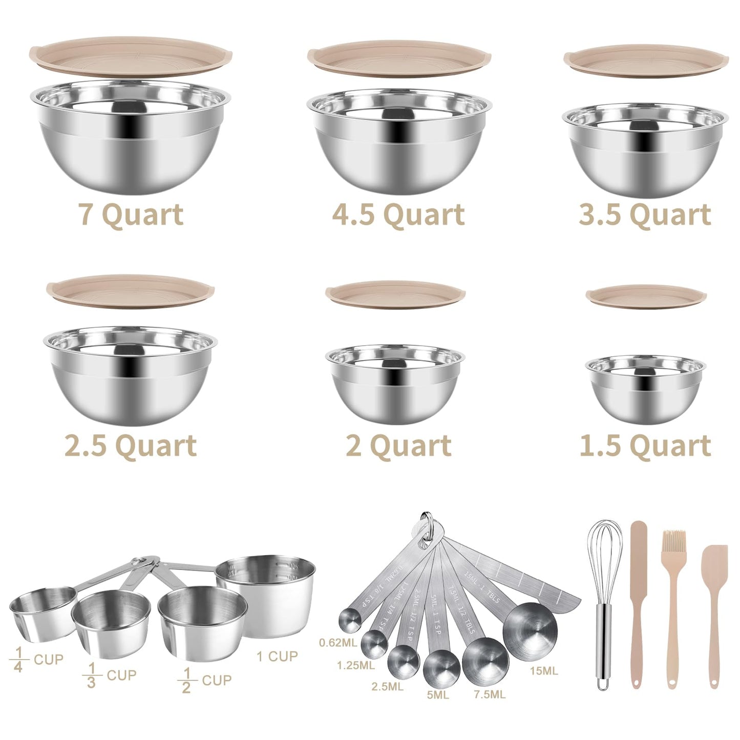 WEPSEN Mixing Bowls Set, 27PCS Khaki Mixing Bowls With Lids Set Stainless Steel Kitchen Large Nesting Metal Bowl 7QT to 1.5QT, Measuring Cups and Spoons for Prepping Cooking Serving