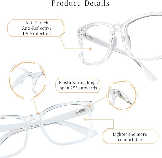 LifeArt 2 Pairs Blue Light Blocking Glasses with Spring Hinge, Computer Reading Glasses, Gaming Glasses, TV Glasses for Women Men (Clear&Blue, +1.00 Magnification)