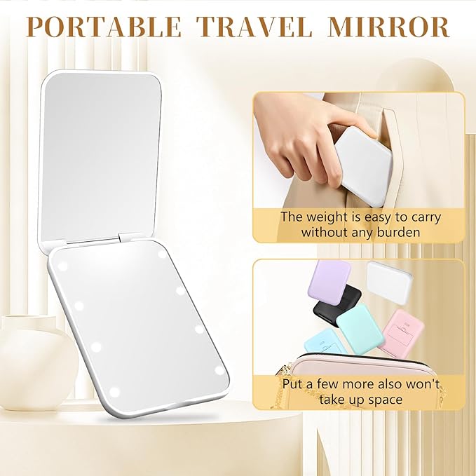 Compact Mirror, 1X/3X Magnification LED Pocket Mirror with Nternal BIattery, Mini Mirror for Purse, Pocket,Travel and Present (White)