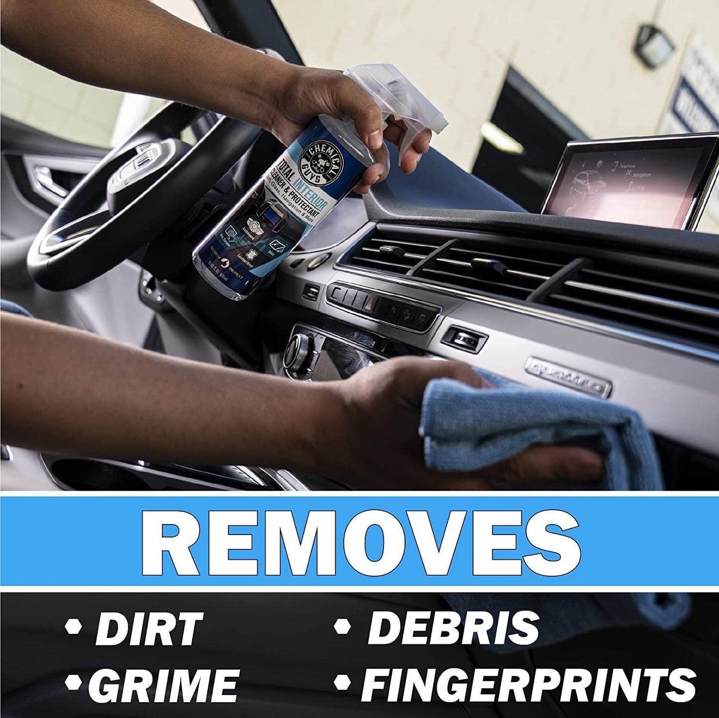 Chemical Guys Total Interior Cleaner and Protectant, 16 Fl Oz + 3 Pack of Microfiber Towels (Safe for Cars, Trucks, SUVs, Jeeps, Motorcycles, RVs & More)