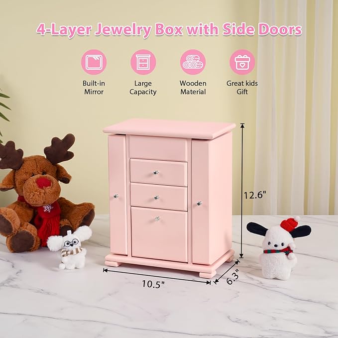 Emfogo Musical Jewelry Box for Girls, Large Kid Music Box with Ballerina for Birthday Bedroom Decor, 5 Layer Girl Jewelry Gifts for Girls Kids - Pink
