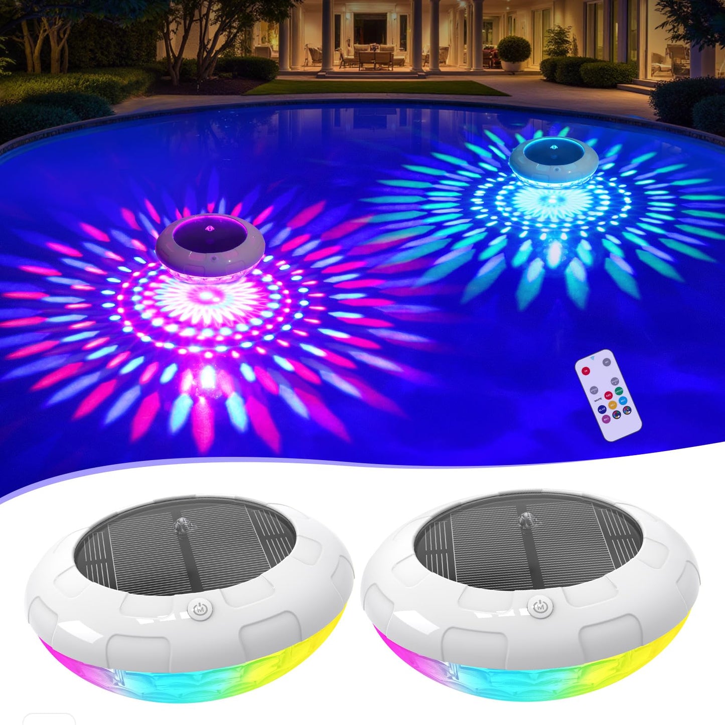 Cootway Floating Pool Lights w/Remote, 6.5 Inch RGB Solar Pool Lights that Float with 9 Dynamic Lighting, IP68 Waterproof Pool Floating Light, Hangable Solar Floating Light for Pools Party Garden(2)