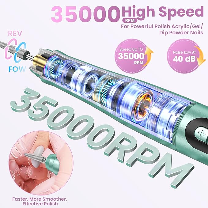 Cordless Nail Drill 35000RPM, Portable Electric Nail File for Acrylic Gel Nails, Professional Manicure Pedicure Kit, Rechargeable efile Set for feet with LCD Display, Low Noise Low Vibration-Green