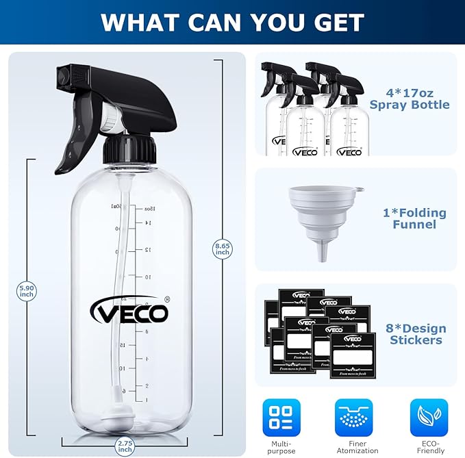 Veco 500mL (17oz) Graduated Spray Bottles, 4-Pack — 360° Any-Angle Spraying for Easy Dilution, Leak-Resistant spray bottles for Cleaning, Plants, Hair & Pet Use + Foldable Funnel