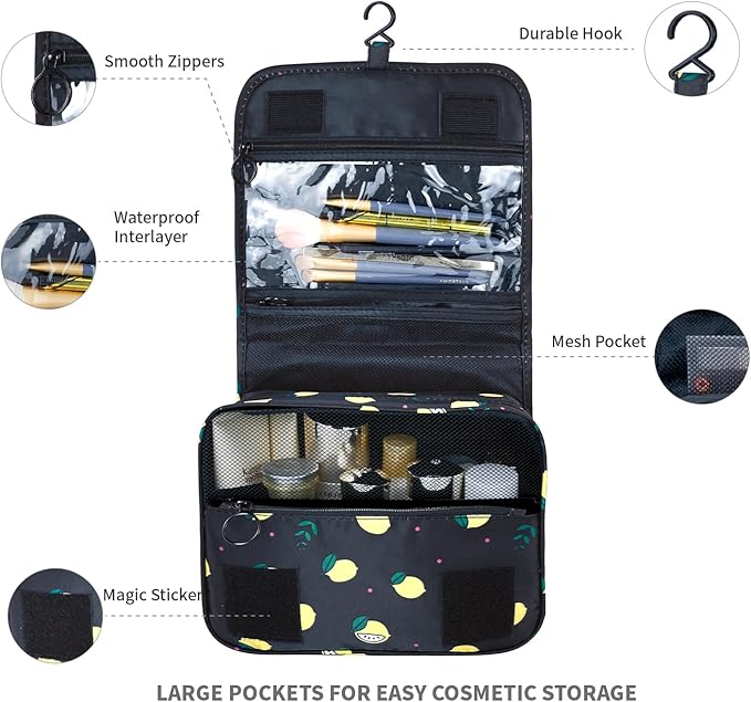 Large Capacity Toiletry Bag Travel Bag with Hanging Hook for Men and Women Waterproof Travel Cosmetic Bag Bathroom Storage Bag for Brushes Set,Full-Sized Shampoo,Accessories-Grey Lemon