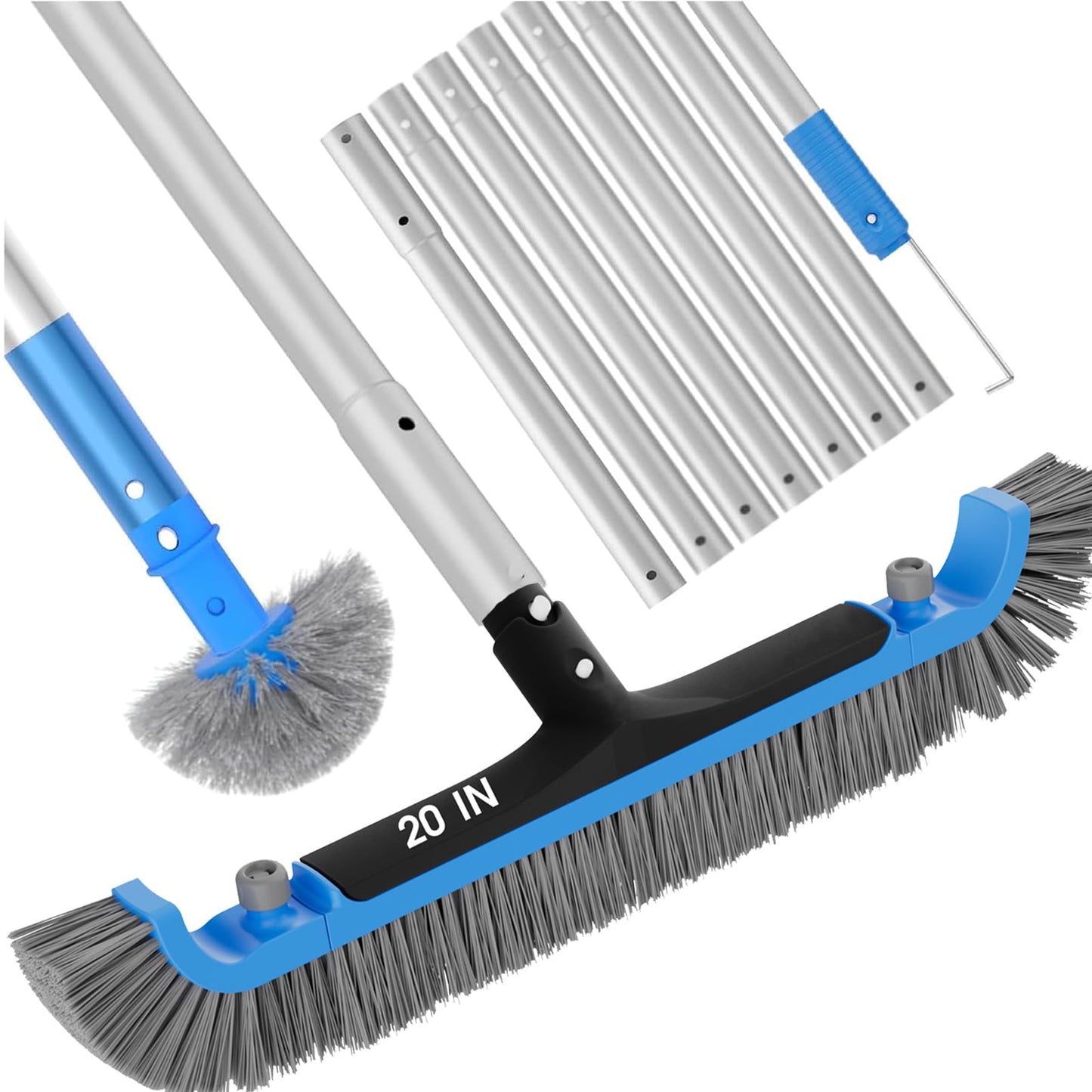 2 in 1 Pool Brush with Poles 10ft - 20'' Heavy Duty Swimming Pool Brush & Multifunctional Brush Head, 9ft Aluminum Poles, Cleaning Inground & Above Ground Pools