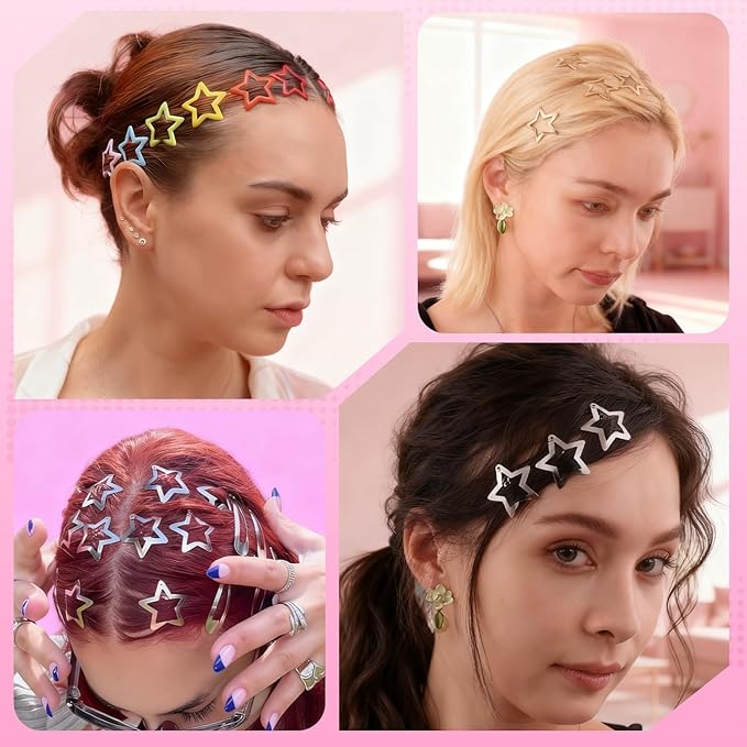 50 PCS Gold Silver Star Hair Clips, 1.18 Inch Y2K Accessories Snap Hair Clips, Non-Slip Small Star Barrettes Metal Accessories for Girls Women, Mini Fashion Cool Ornament Set for Rave Decor