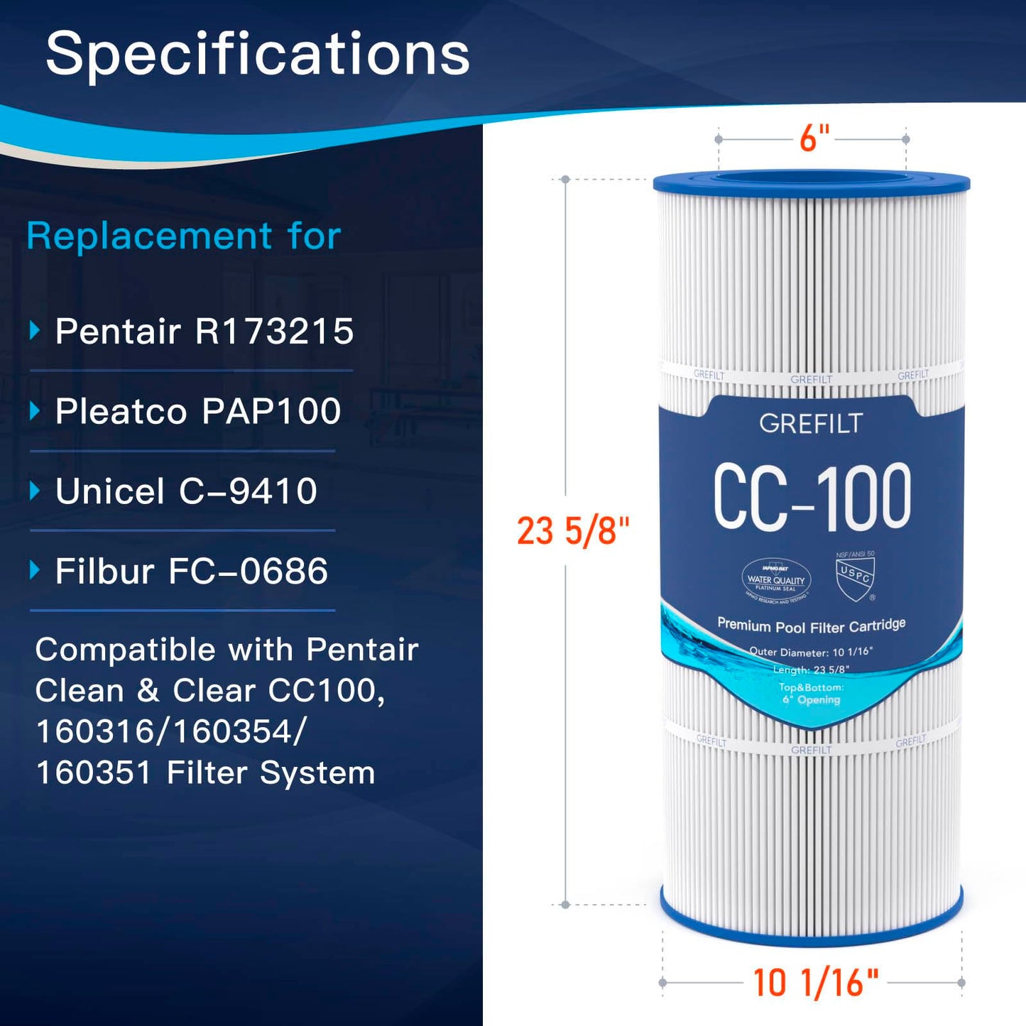 Grefilt CC100 Pool Filter Cartridge, Compatible with Pentair CC100, CCRP100, Replaces Pleatco PAP100, Unicel C-9410, Filbur FC-0686, Pentair R173215, 100 sq.ft, Dimensions: 23 5/8" x 10 1/16"