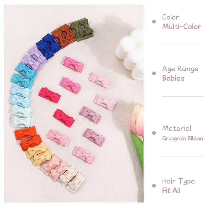 CÉLLOT 60Pcs Baby Hair Clips 1.2" Tiny Baby Bows Snap Hair Clips for Thin Hair Grosgrain Ribbon Hair Bows Clips for Baby Girls Toddlers Infant in Pairs