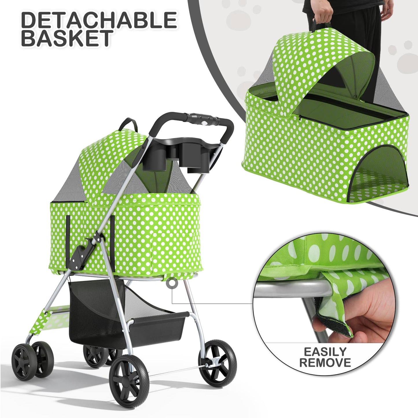 MoNiBloom 3 in 1 Foldable Pet Stroller for Small & Medium Dogs, Detachable Carrier, Car Seat, Push Button Entry, 4-Wheel Jogger for Pets up to 33 lbs, Lawn Green Polka Dots