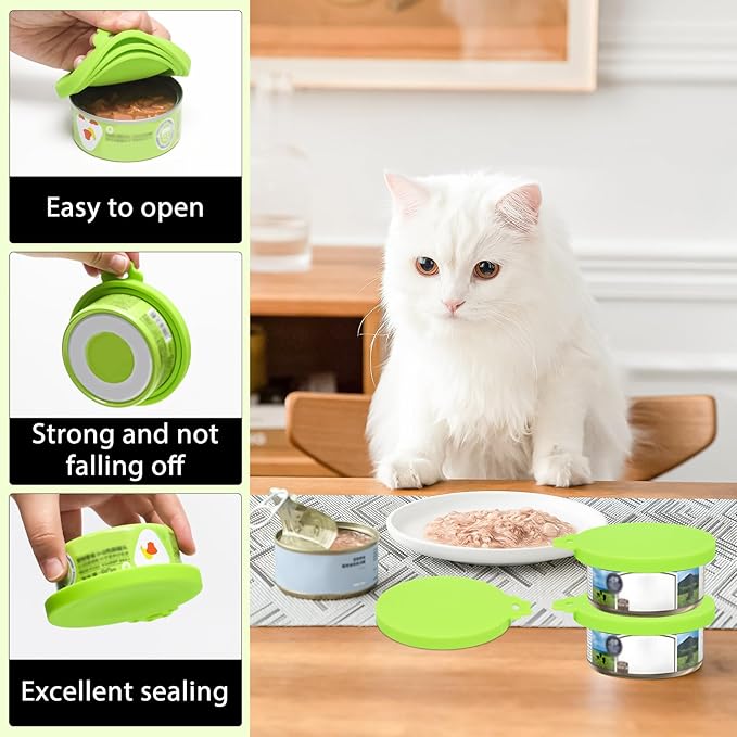 PINE & LINEN 4 Pcs Durable Pet Can Lids,One fit 3 Standard Size Silicone Waterproof Cat Food Cans Lids for 3oz/5.5oz/12.5oz/13.2oz Cat Food Cans（Green）