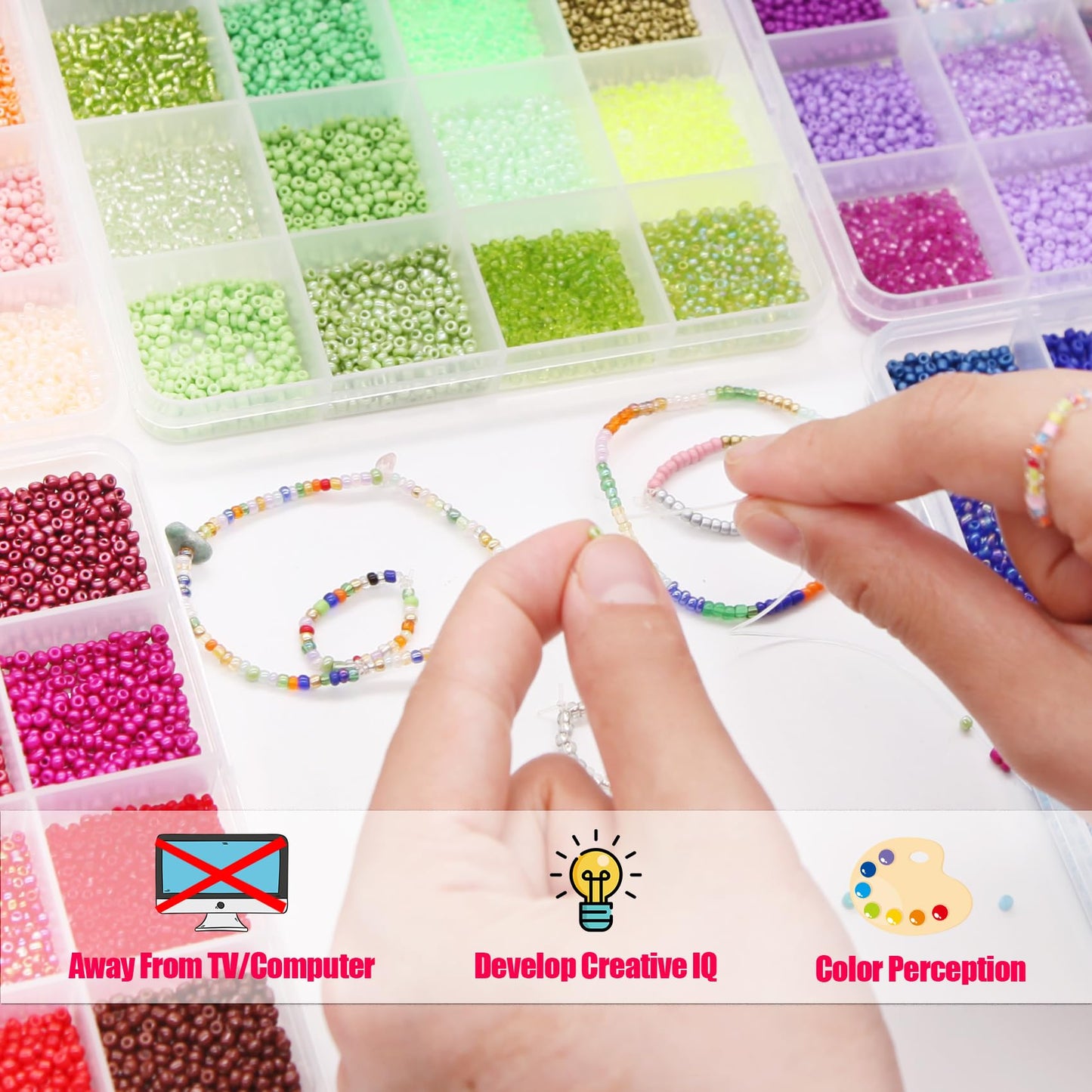 EuTengHao 57600pcs 2mm Glass Seed Beads Small Craft Beads for DIY Bracelet Necklaces Crafting Jewelry Making Supplies with Beading Needles Elastic Strings (144 Colors, 400Pcs Per Color)