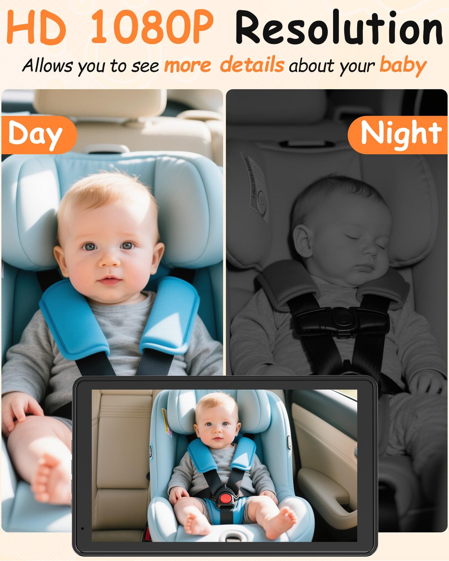 Rohent Baby Car Camera 7.2-Inch Monitor: 1080P HD Rear Facing Infant Backseat Camera with Night Vision 360° Rotation Wide Angle USB Plug & Play Anti-Glare Screen for Safe Driving F25