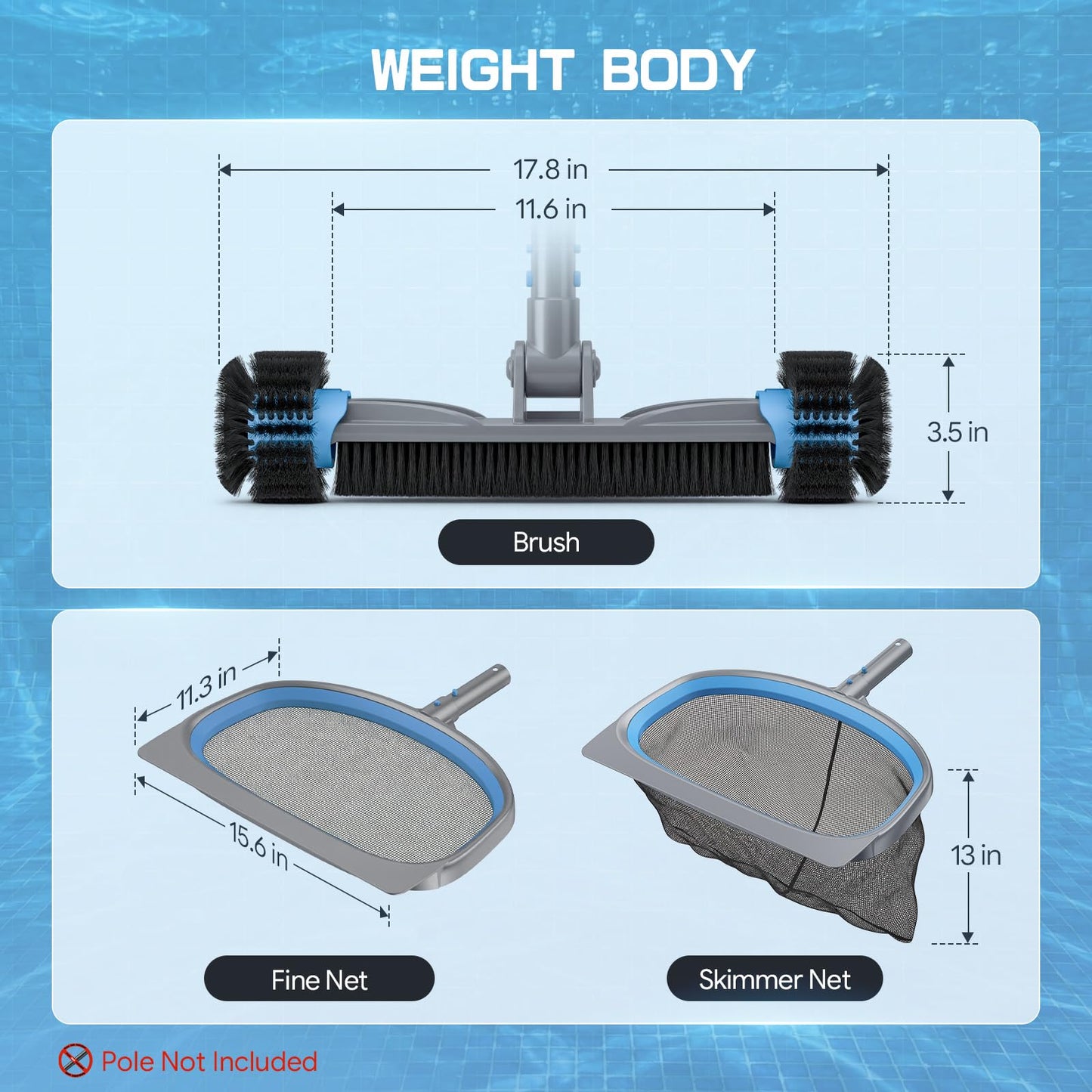 UIRWAY 3-in-1 Deluxe Swimming Pool Cleaning Kit - Includes Pool Brush with Detachable Side Round Ends, Deep Leaf Skimmer Net & Flat Fine Mesh Net for Inground & Above Ground Pools Cleaning(No Pole)