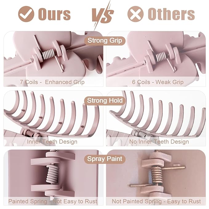 TOCESS Big Hair Claw Clips for Women - Neutral Large Claw Clip for Thin Thick Curly Hair 90's Strong Hold 4.33 Inch Nonslip Matte Jumbo Hair Clips (8 Pcs)