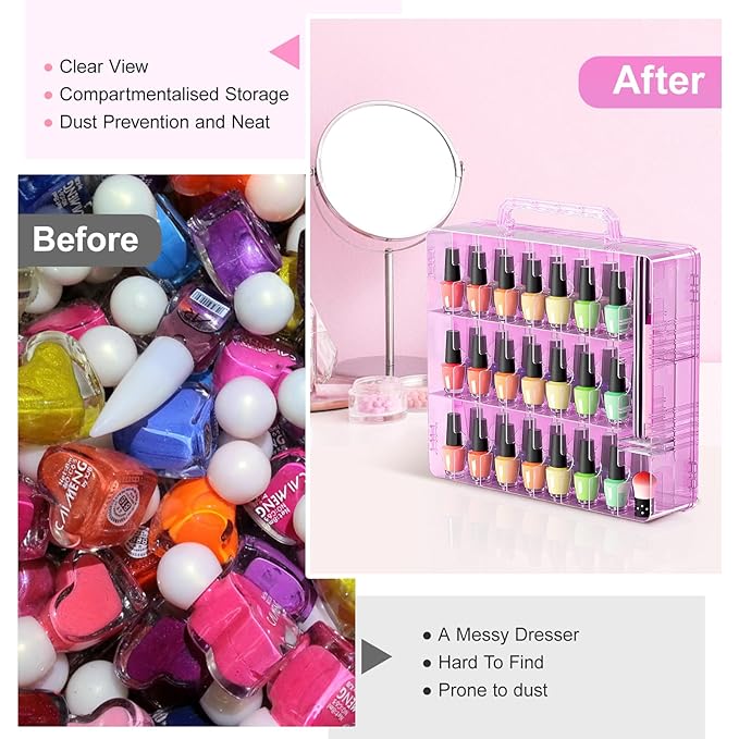 Nail Polish Organizer Pack of 2, Portable 48 Bottles Clear Nail Polish Holder with Adjustable Divider, Gel Nail Polish Storage Double Side Nail Polish Organizer Case for Nail Tech Pink