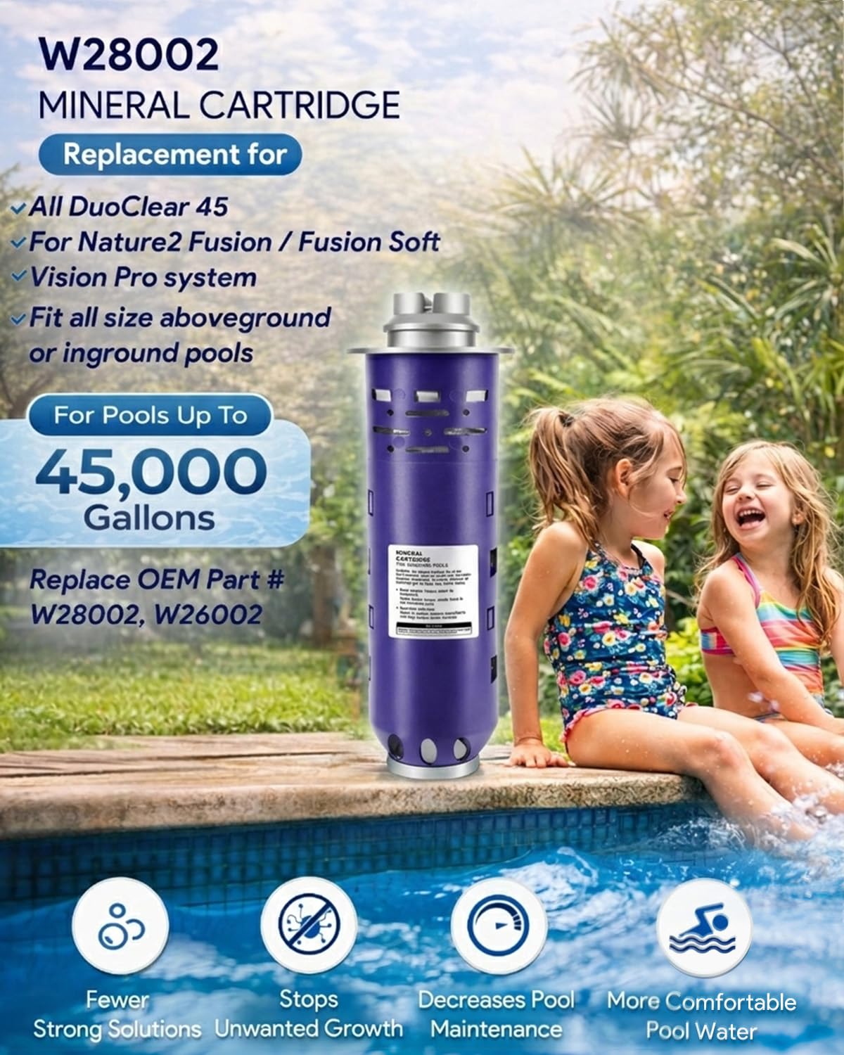 Replacement for Nature2 Duoclear 45 Mineral Cartridge W28002 for All DuoClear Fusion Soft Vision Pro Above Ground Inground System Pool System, Compatible with up to 45000 gallons Pool, W26002