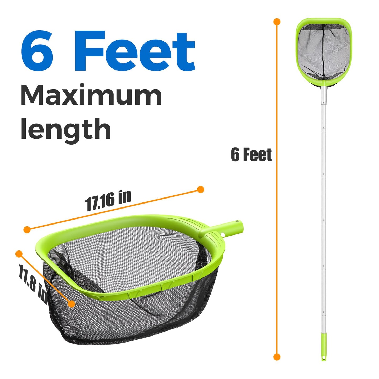 Mowend 【Upgrade】 Pool Net Total Length 6 Feet, Swimming Pool Skimmer Net with 6 Section Telescopic Aluminum Pole for Fast Cleaning Ponds, Hot Tub, and Spas, Pool Cleaner Supplies and Accessories