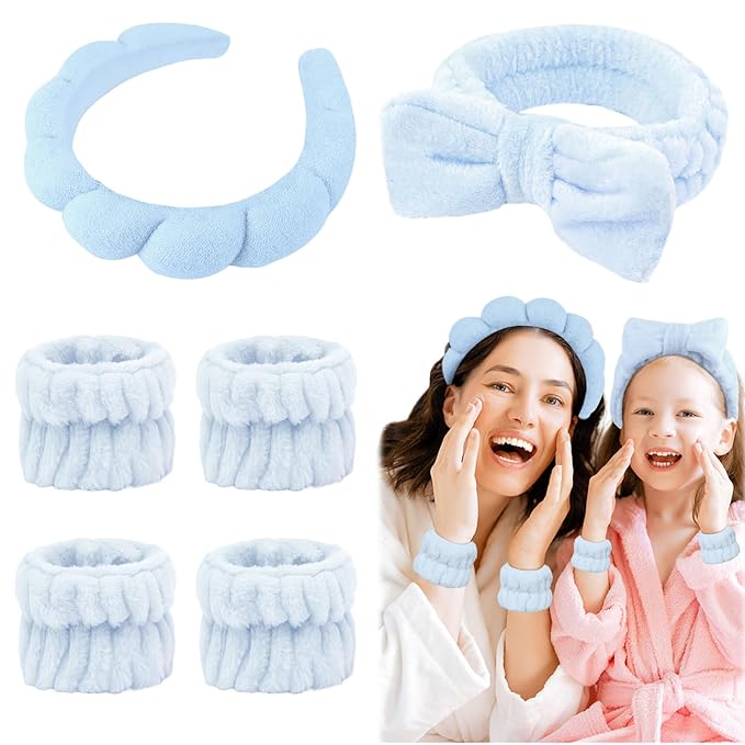 6 Pcs Puffy Terry Cloth Headbands and Wristbands - Sponge Makeup Removal Shower Masks for Skincare and Face Washing