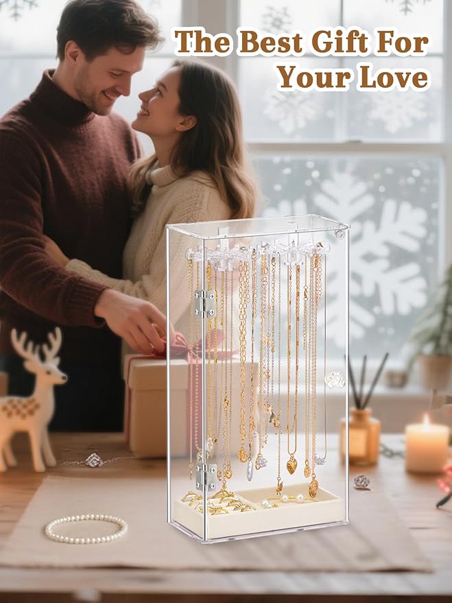 Necklace Holder, Acrylic Necklace Organizer, Rotatable Clear Jewelry Holder Organizer Display Case for Long Necklaces Pendant Bracelets, Jewelry Holder Box with Velvet Tray for Rings Earrings