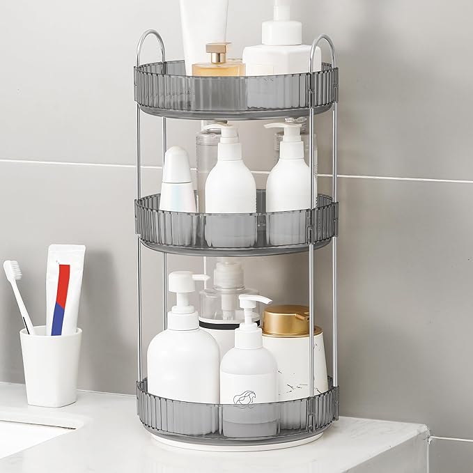 YCIA&DONE 360 Rotating Makeup Organizer and Storage for Vanity Countertop 3 Tiers, High Capacity Cosmetic Skincare Perfume Organizers for Dresser Bathroom Lazy Susan (Smoky Gray)