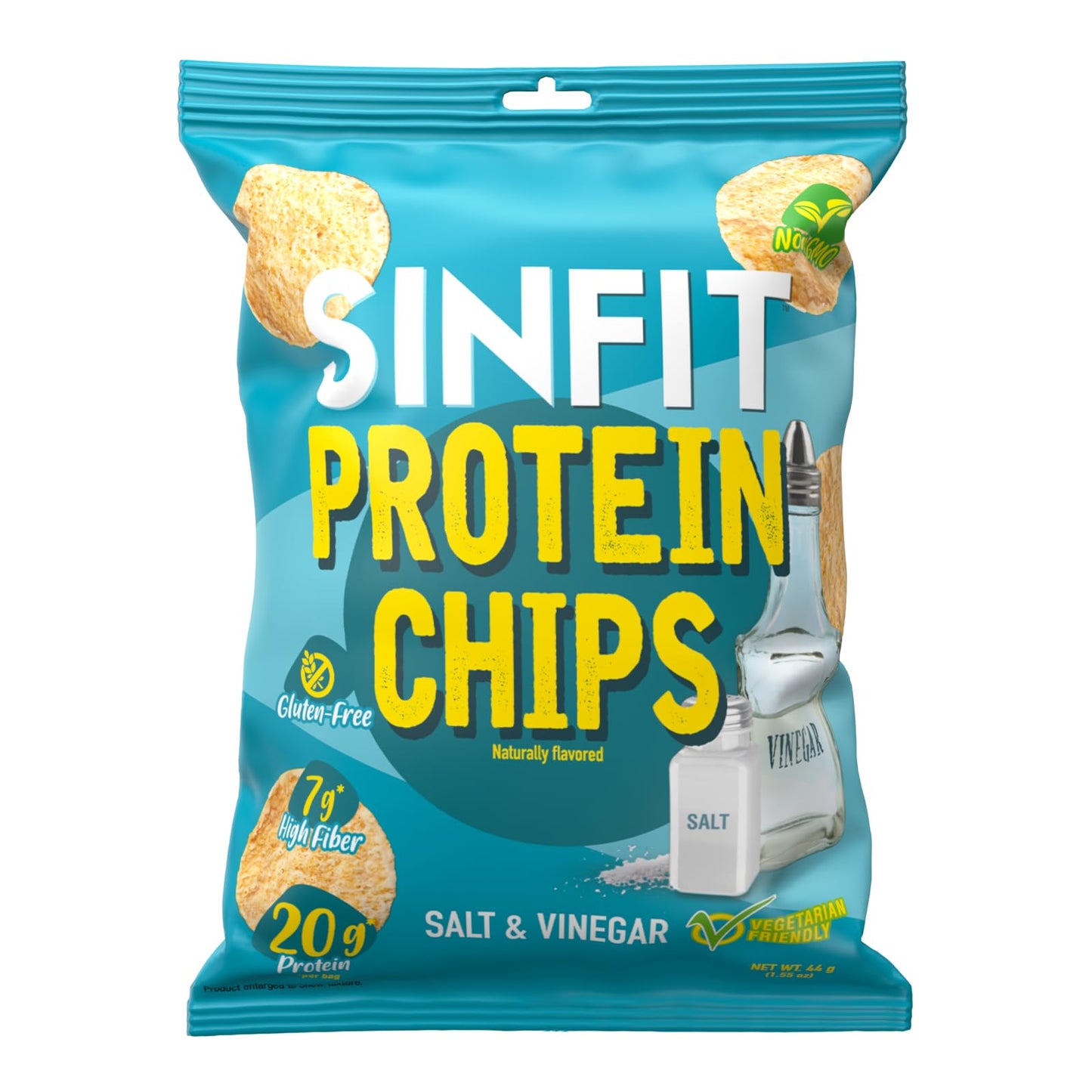 SinFit Protein Chips, 20g Protein/Bag, 50g-Bag, High Fiber, Low Carb, Gluten Free,7/box (7 Bags, Salt & Vinegar)