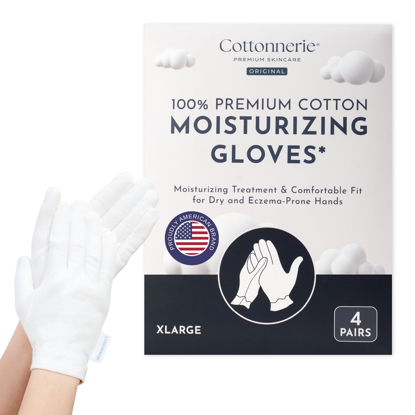 4 Pairs Cottonnerie Original Cotton Gloves for Dry Hands Sleeping, Moisturizing Gloves Overnight, Hand Moisturizer Gloves, Moisture Gloves for Dry Hands Overnight, Sleeping Gloves, X-Large