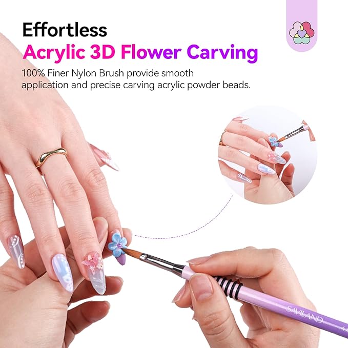 SAVILAND 3D Acrylic Nail Art Brush Set: 3Pcs Professional Kolinsky Sculpture Brushes Sizes 2/4/5 Purple-Pink Gradient Non-Slip Grip Handle for Acrylic Application 3D Flower Designs Home DIY