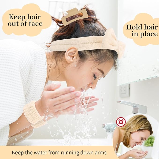 WHAVEL 6PCS Spa Headband and Wristband Set with Hair Clips - Get Ready Headbands Wrist Bands for Washing Face Skincare Headband Makeup Hair Band Trendy Stuff Hair Accessories for Women