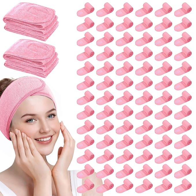80 Pack Adjustable Spa Headband for Women Non-Slip Facial Hair Wrap for Washing Face, Makeup, Shower, Skincare, and Yoga (Pink, 80)