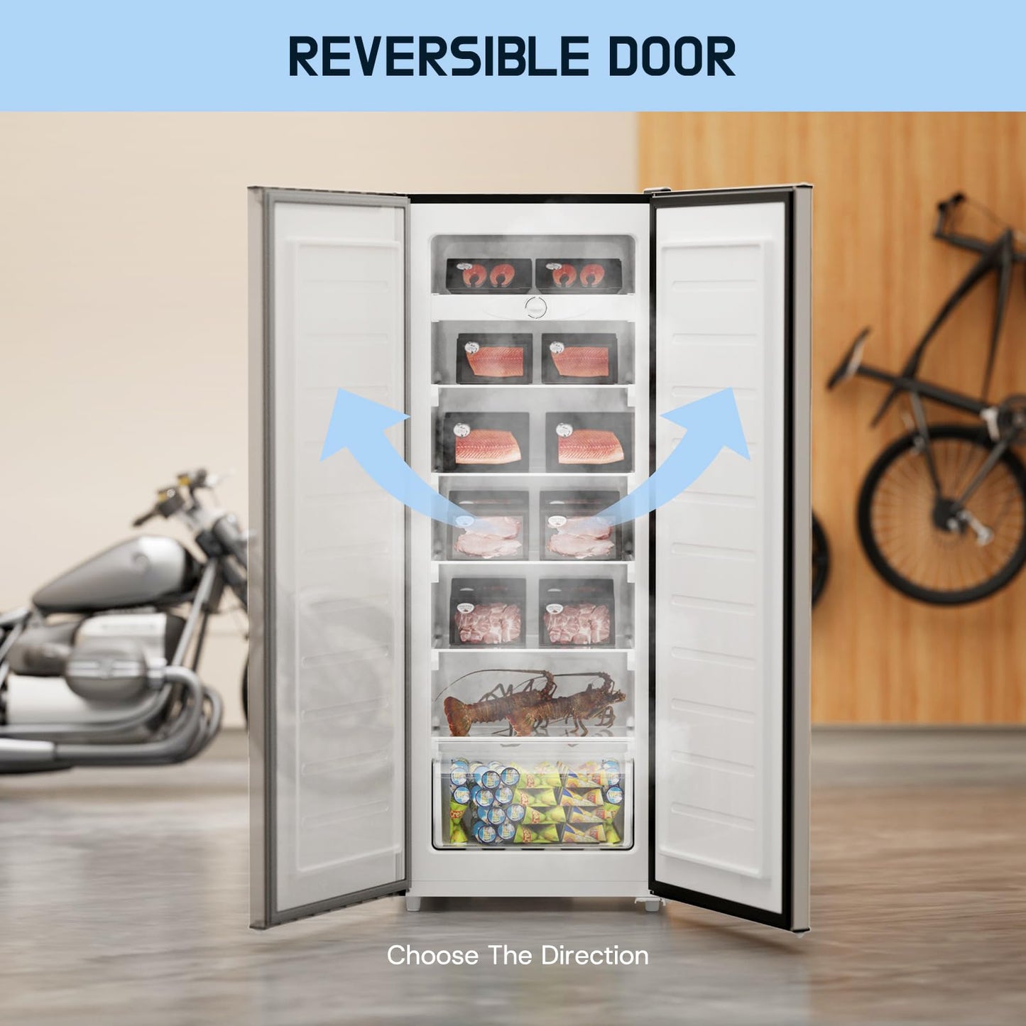 Upstreman 7.0 Cu.Ft Upright Freezer, Large Capacity Stand Up Freezers with 5 Adjustable Shelves, Convertible Refrigerator/Freezer, Reversible Door for Home, Basement, Apartment (Stainless)