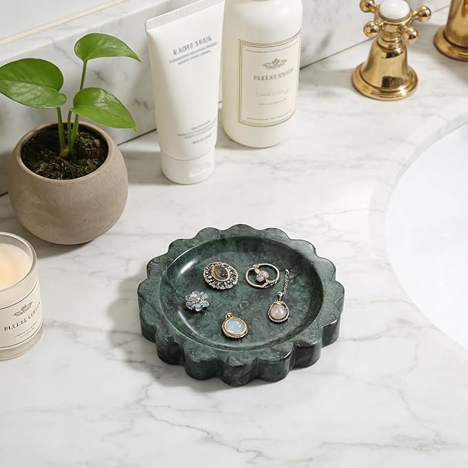 Koville 5.51" Scalloped Marble Tray, Round Stone Jewelry Trinket Dish for Ring, Natural Small Marble Tray for Bathroom Kitchen Dresser Countertop, Decorative Candle Tray(Green)