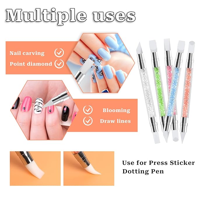 5 Pcs Nail Art Sculpture Pen Dual Tipped Silicone Nail Tools Nail Art Acrylic Pen Silicone Brushes for Resin Nail Art Tools for Design Nail Foil Carving Drawing Effect Shaping Drawing