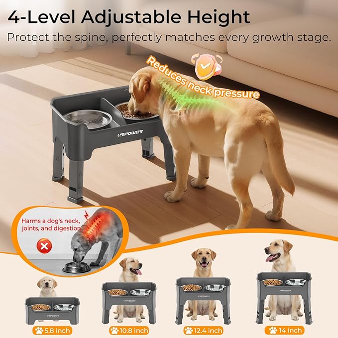 URPOWER Mess Proof Elevated Dog Bowls, High Wall Splash Guard Design, 4 Height Adjustable Raised Bowl Stand, 2 Large Stainless Steel Bowls, Non-Slip Food Water Set for Small Medium Large Dogs