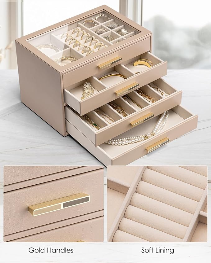 VLANDO 4 Layer Jewelry Box for Women, Glass Lid Jewelry Organizer with 4 Drawers for Necklaces Rings Earrings Bracelets - Toffee