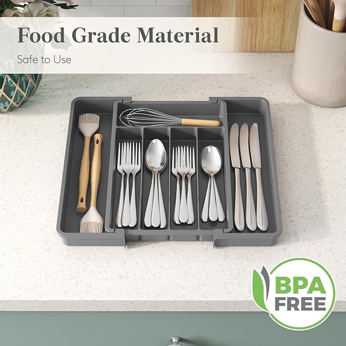 Lifewit Silverware Drawer Organizer, Expandable Utensil Tray for Kitchen, BPA Free Flatware and Cutlery Holder, Adjustable Plastic Storage for Spoons Forks Knives, 8.5-14 x 12", Dark Gray