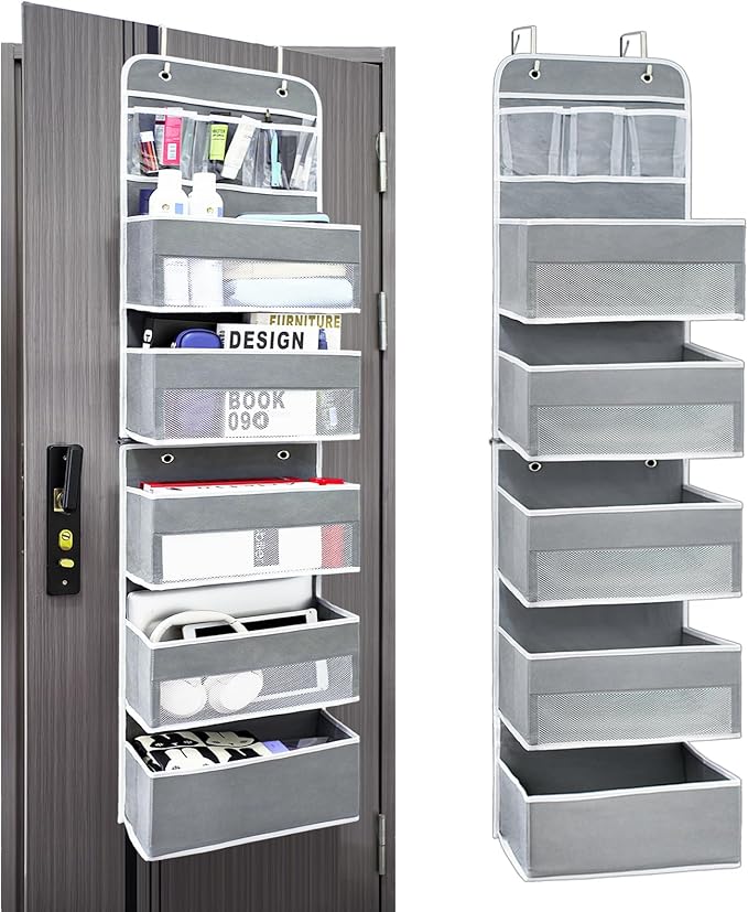 Sturdiness Over The Door Organizer, 6 Tiers Anti Tilt Hanging Behind Door Storage, Heavy-Duty Reinforced Mesh Rack Holds 44lb for Bathroom,Pantry, Nursery,Closet, Shoes, Towels,Grey